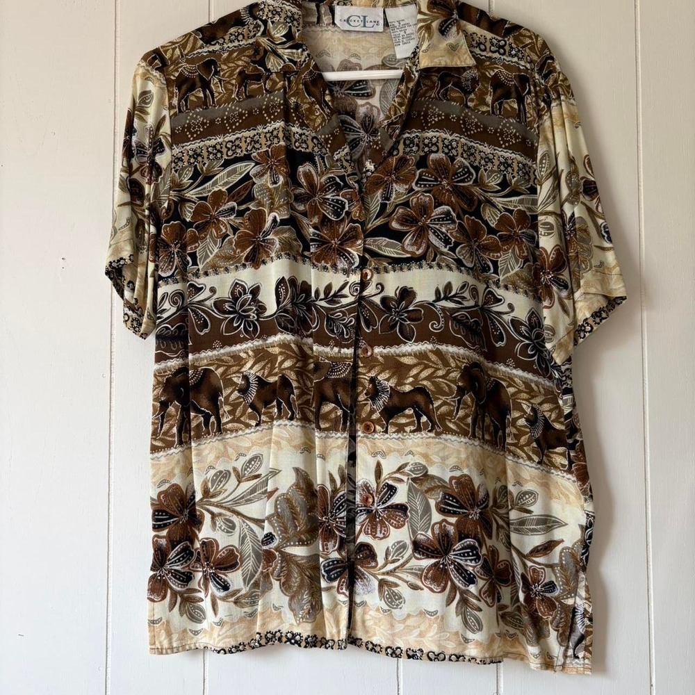Vintage Cricket Lane Safari Animal Print Rayon Button Up Blouse Women's Small
